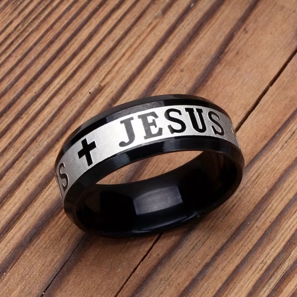 Black Stainless and Silver Color Jesus Cross Ring Size 7
